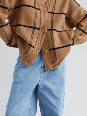 OAK + FORT Camel Windowpane Button Cardigan